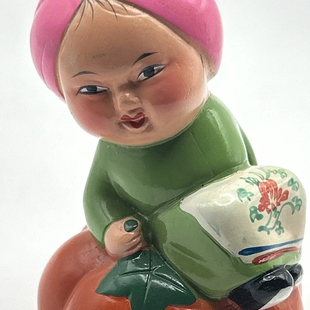 Vintage Ceramic Figurine Pencil Sharpener Asian Child on Pumpkin 1950s–70s Japan